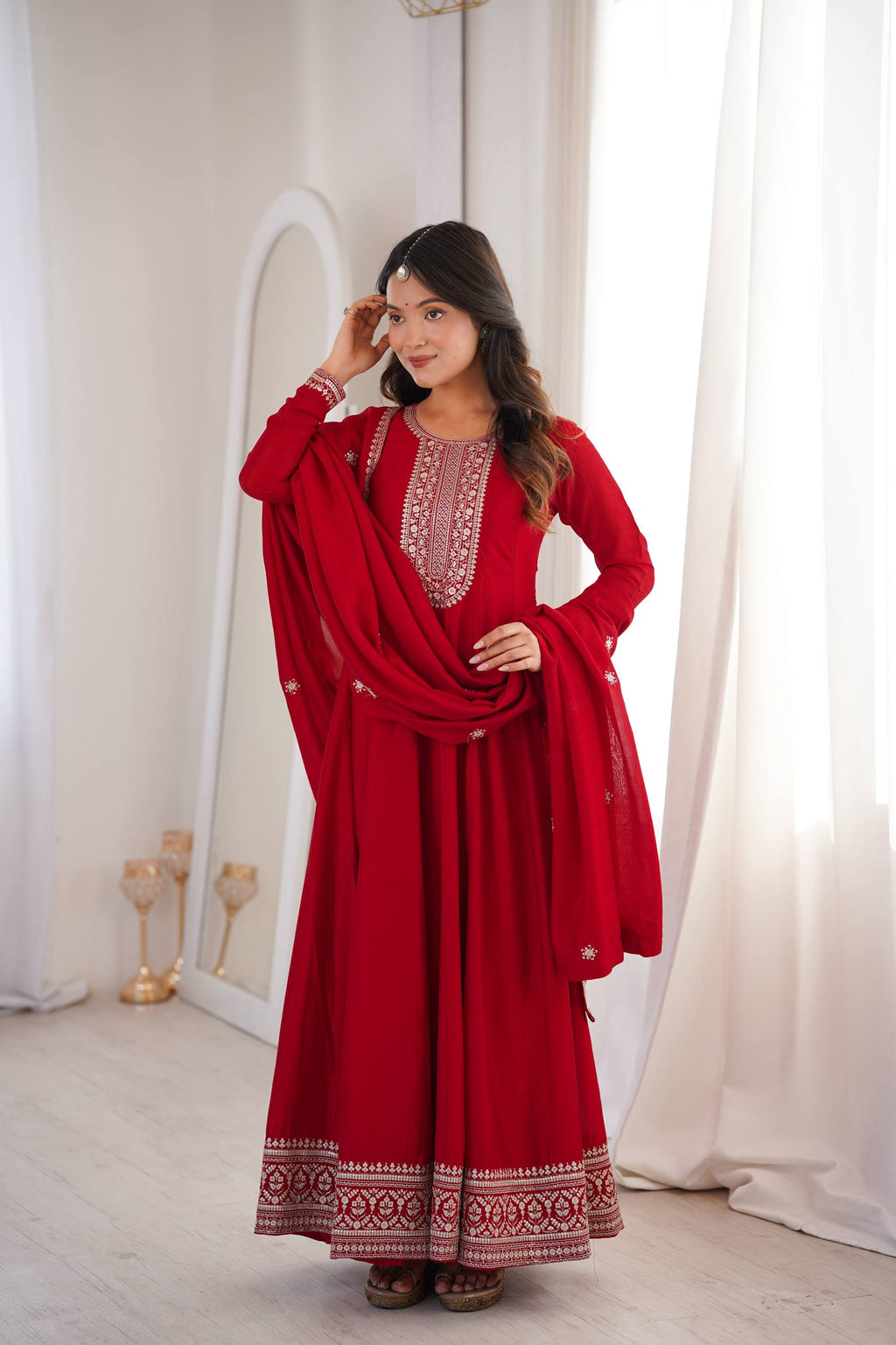 Heavy Blooming Silk Full Flare Anarkali Gown with Embroidered Dupatta & Pant Set