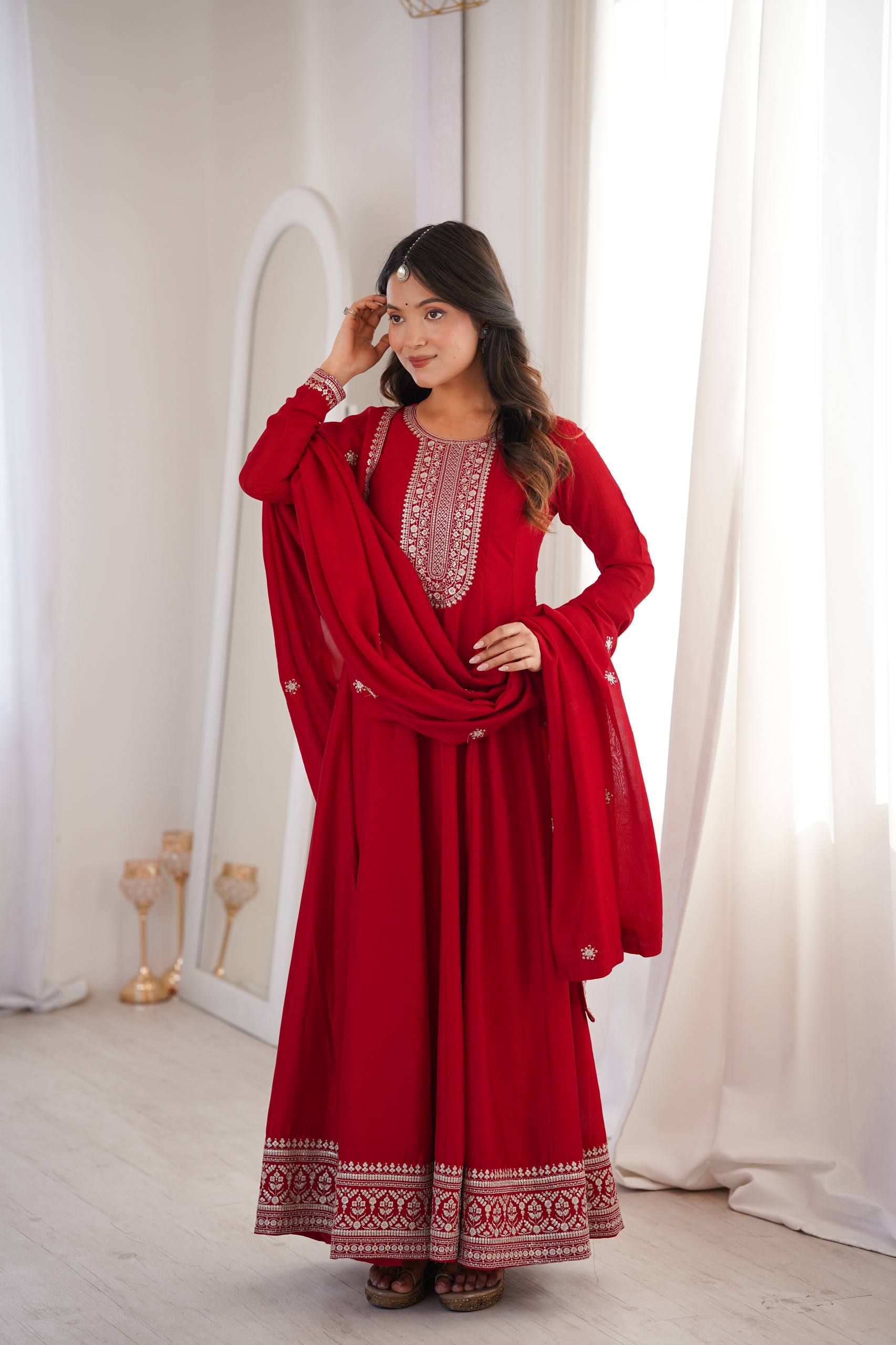 Heavy Blooming Silk Full Flare Anarkali Gown with Embroidered Dupatta & Pant Set