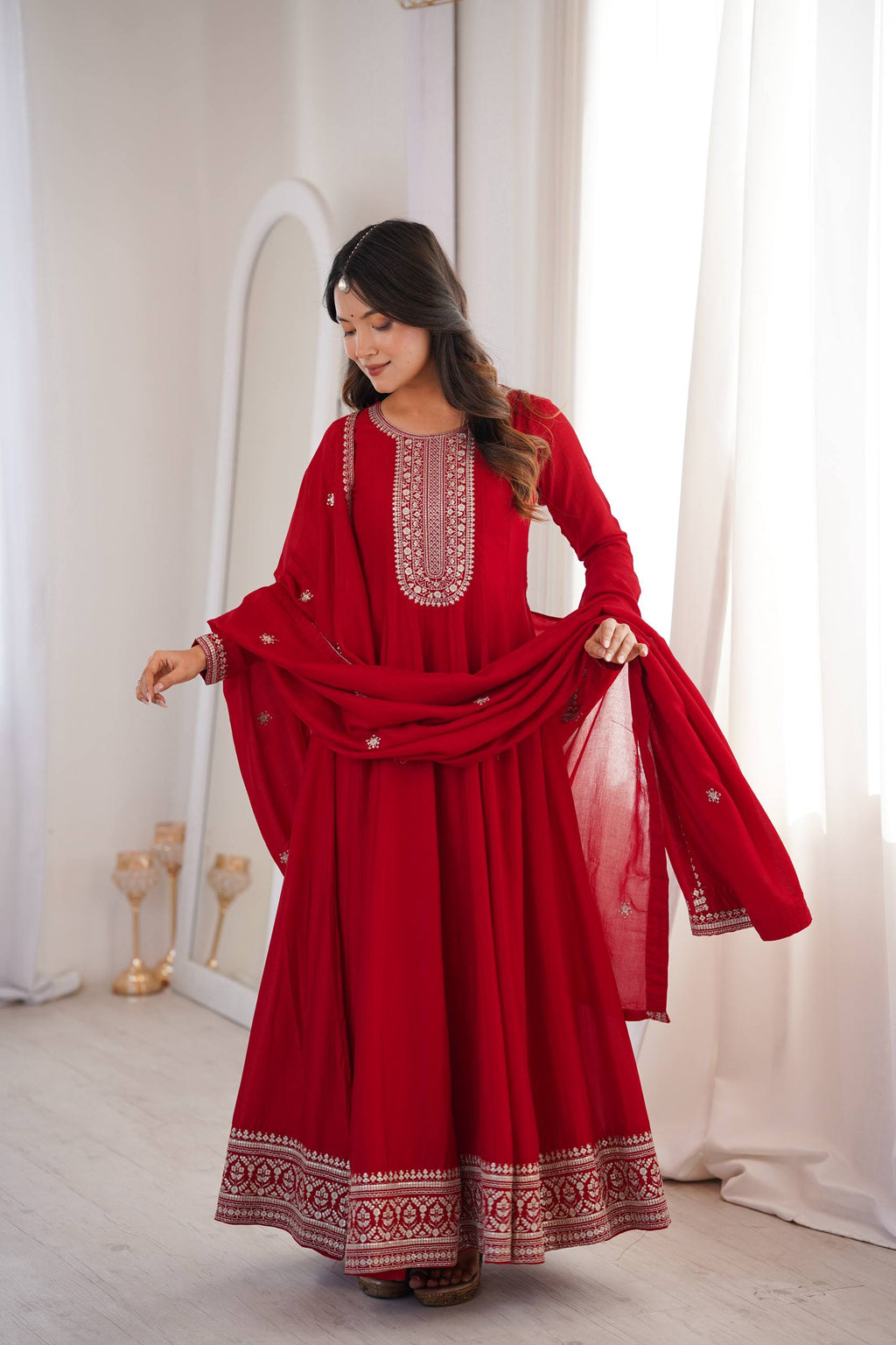 Heavy Blooming Silk Full Flare Anarkali Gown with Embroidered Dupatta & Pant Set