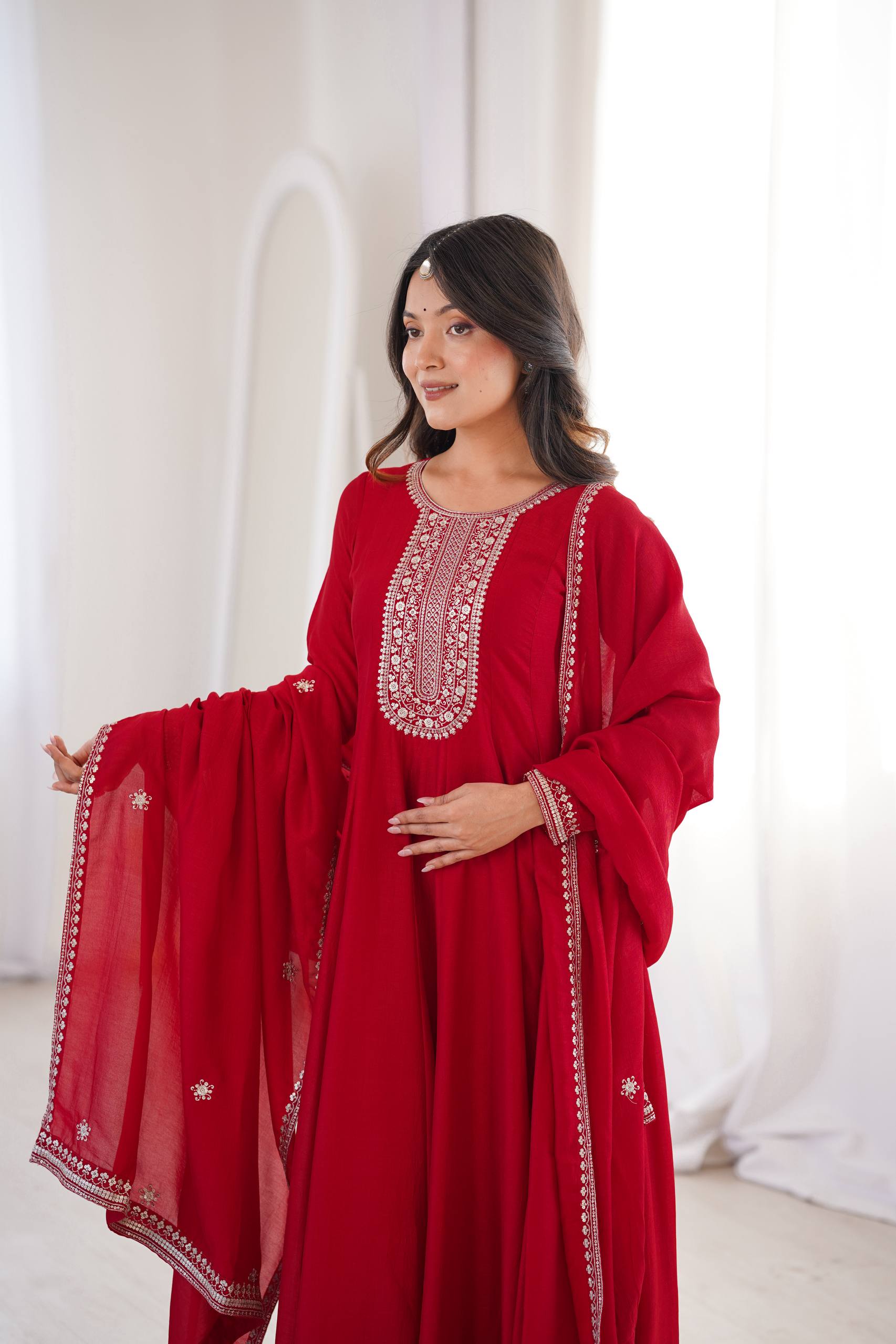 Heavy Blooming Silk Full Flare Anarkali Gown with Embroidered Dupatta & Pant Set