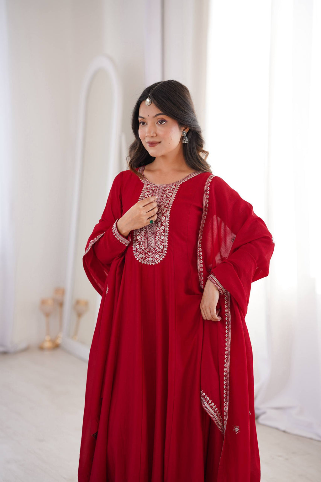 Heavy Blooming Silk Full Flare Anarkali Gown with Embroidered Dupatta & Pant Set
