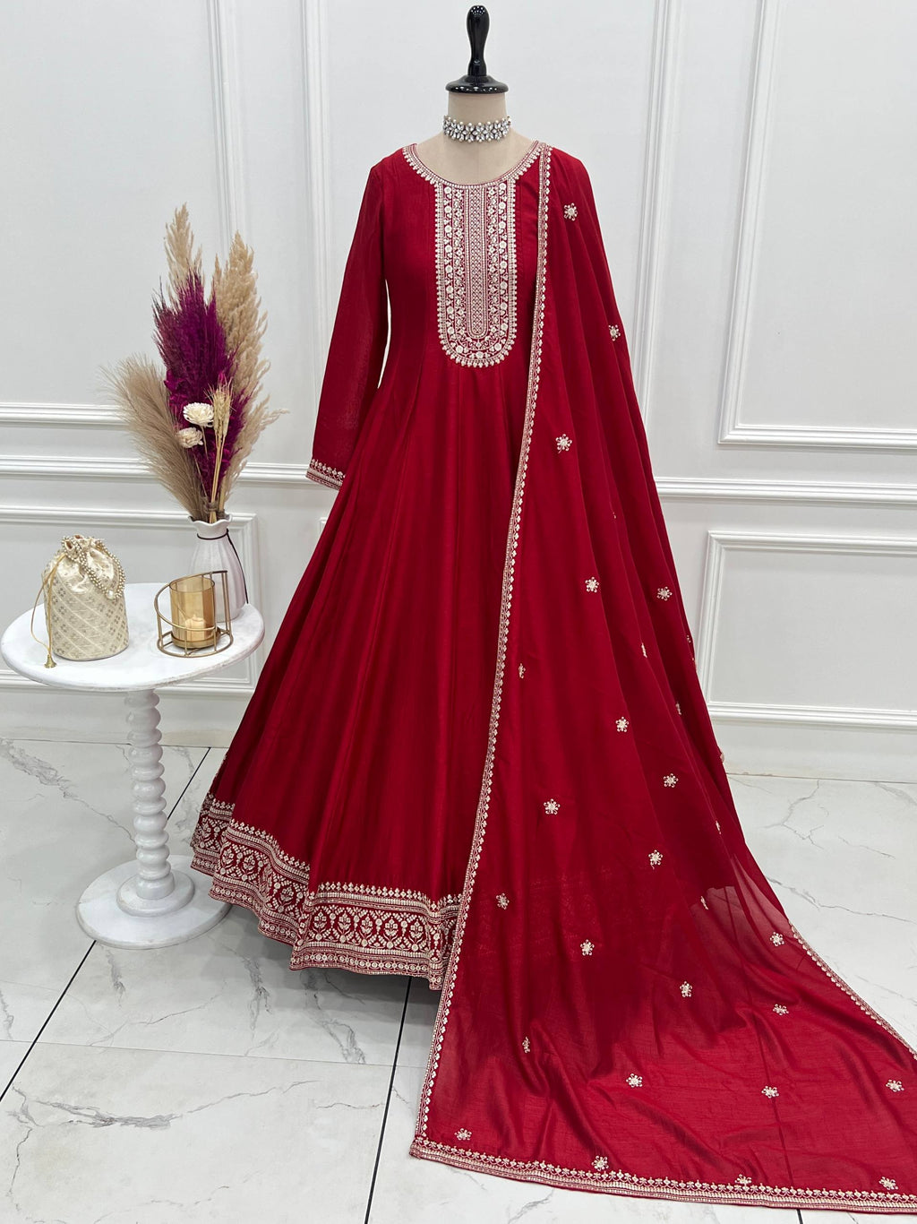 Heavy Blooming Silk Full Flare Anarkali Gown with Embroidered Dupatta & Pant Set