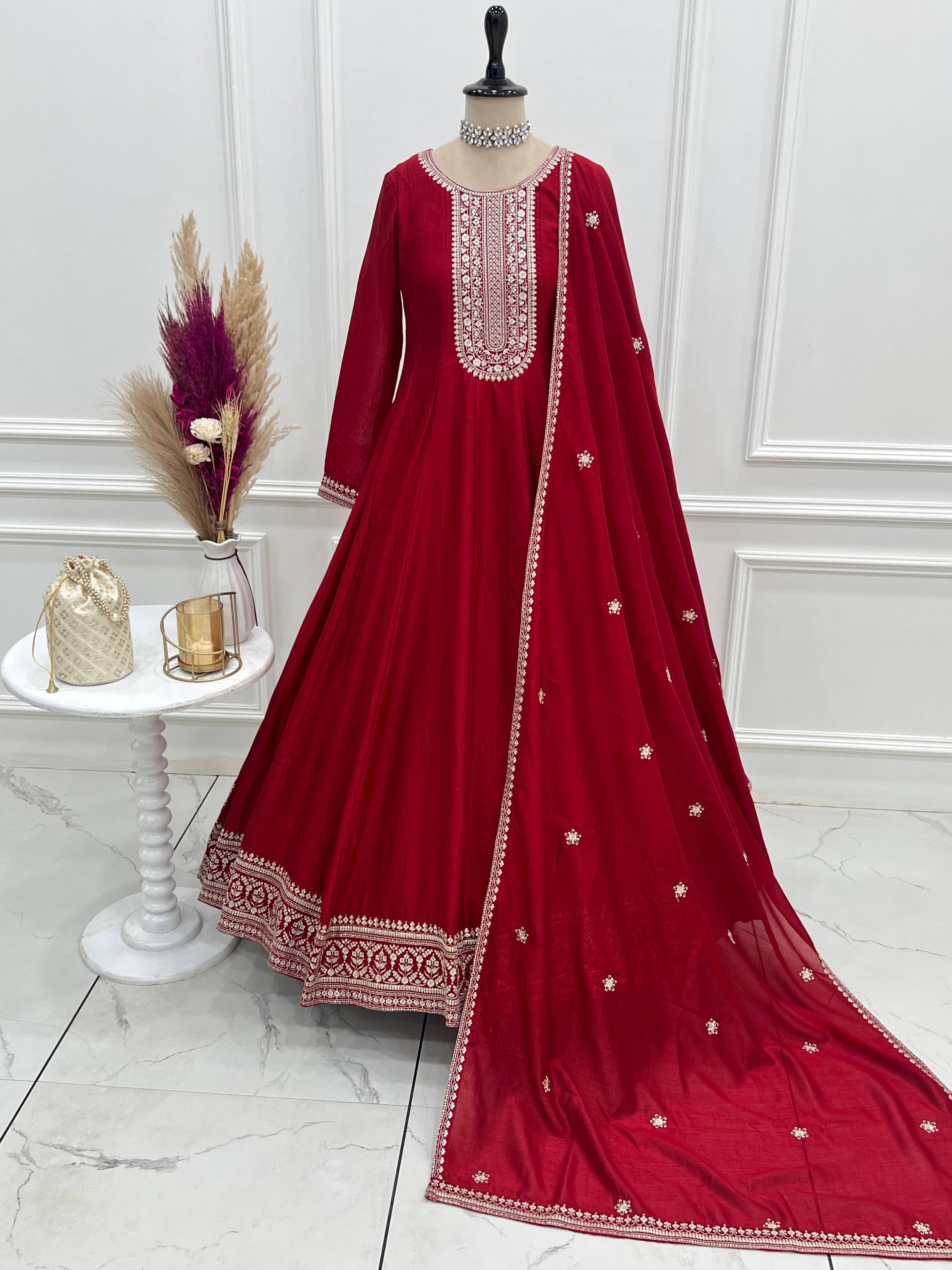 Heavy Blooming Silk Full Flare Anarkali Gown with Embroidered Dupatta & Pant Set