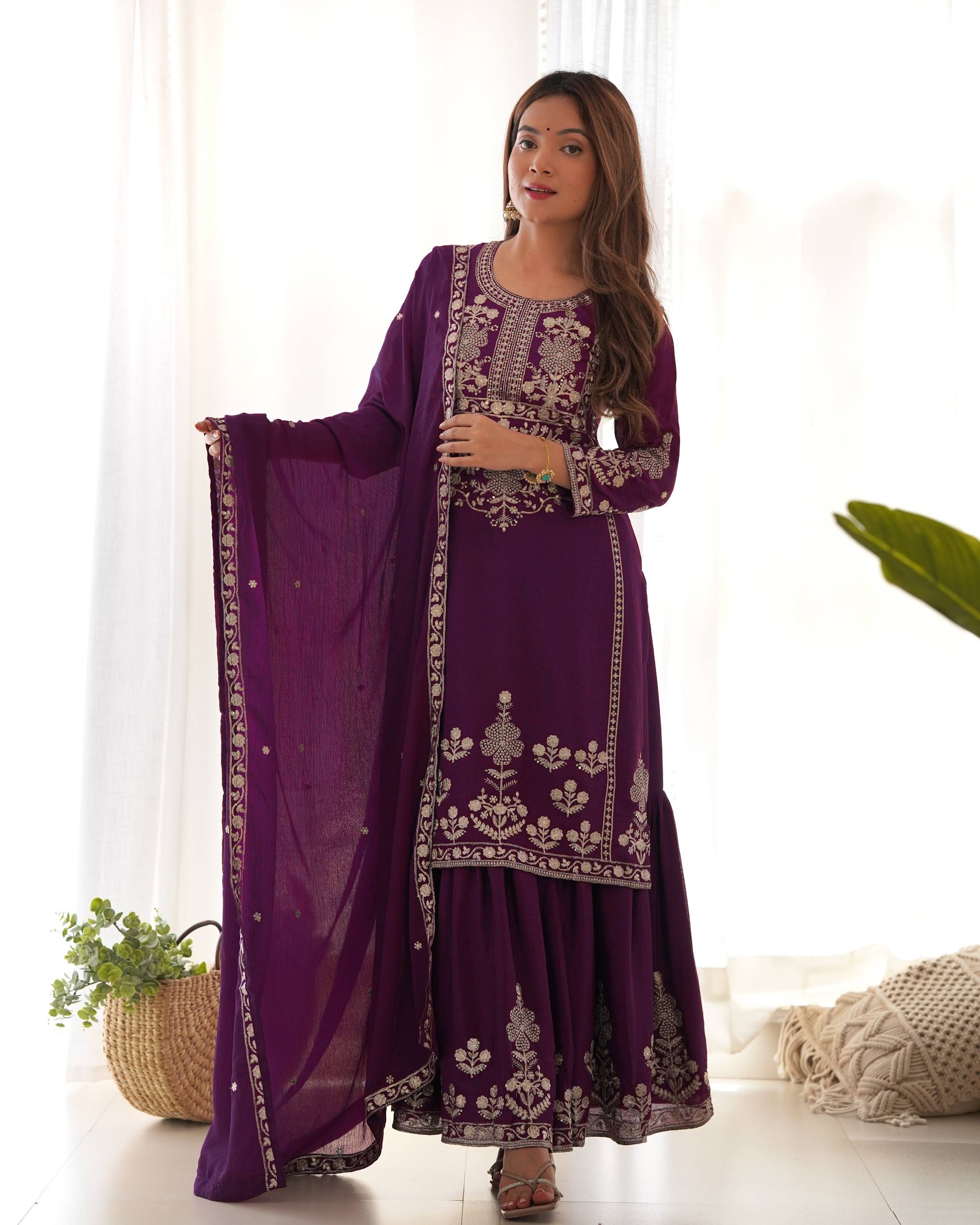 Roman Shimmer Chanderi Silk Kurta with Full Flare Lehenga & Organza Dupatta Set