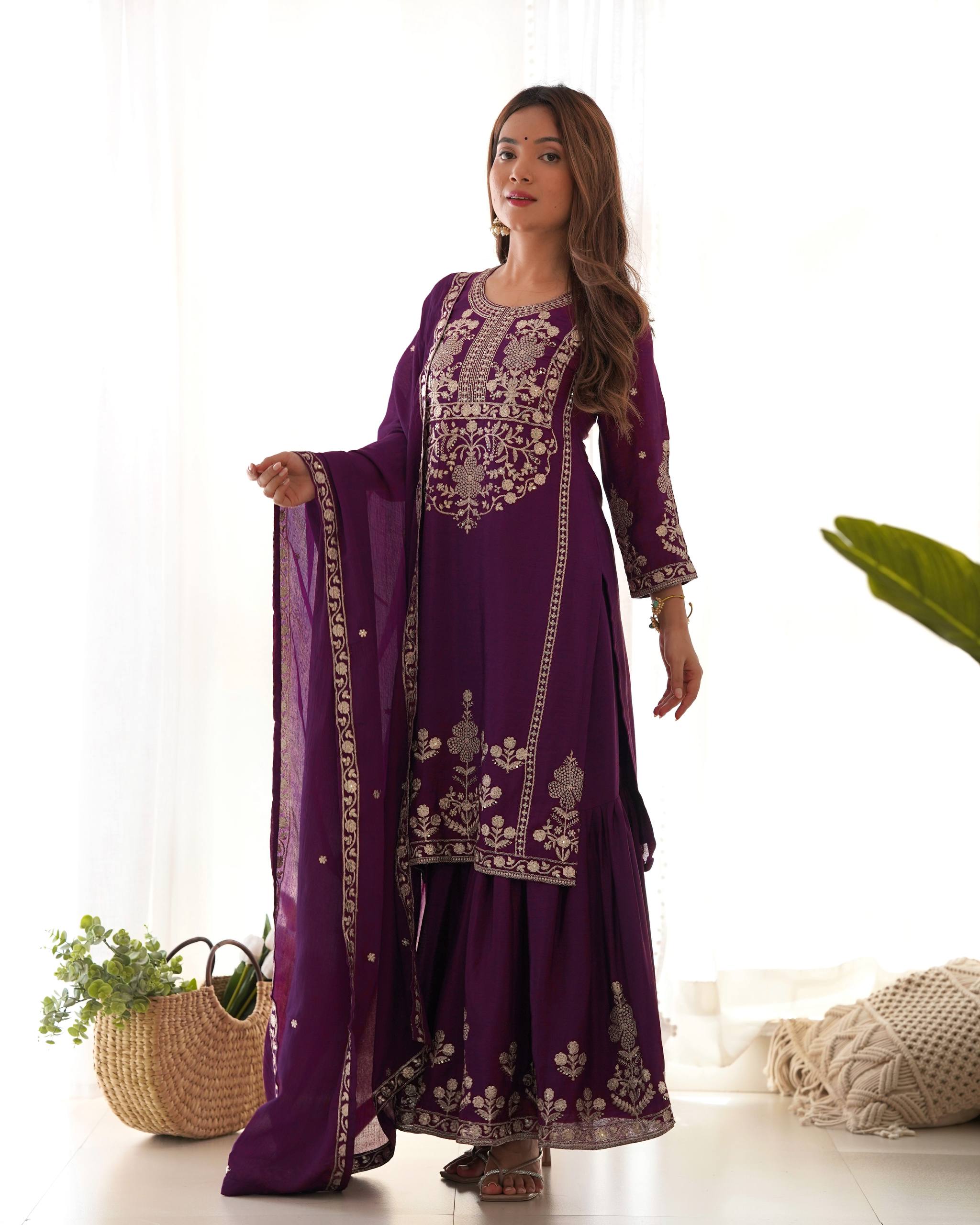 Roman Shimmer Chanderi Silk Kurta with Full Flare Lehenga & Organza Dupatta Set