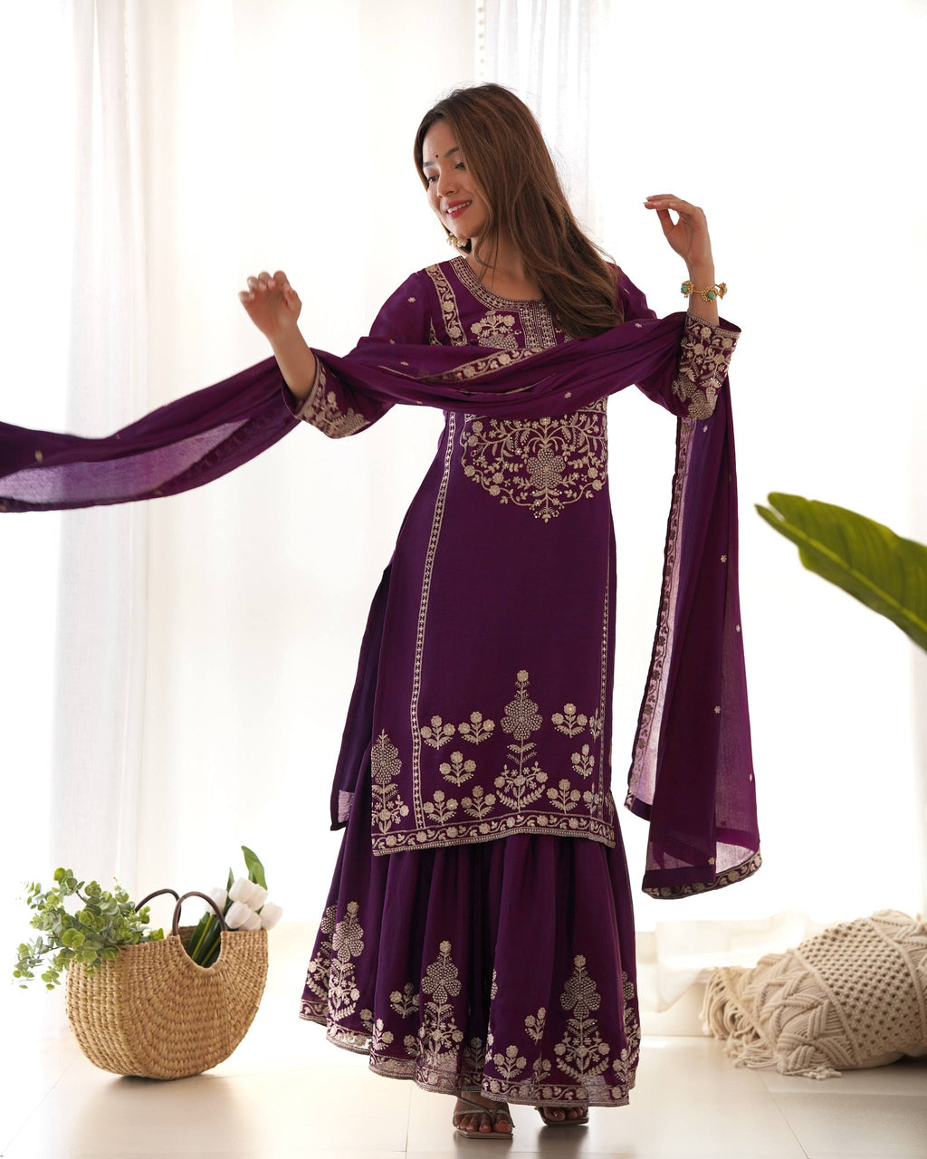 Roman Shimmer Chanderi Silk Kurta with Full Flare Lehenga & Organza Dupatta Set