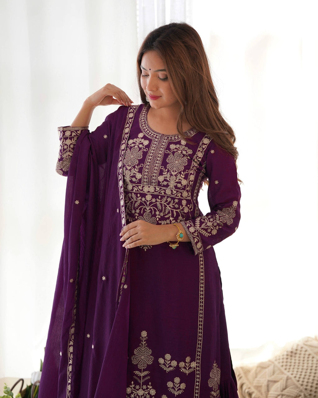 Roman Shimmer Chanderi Silk Kurta with Full Flare Lehenga & Organza Dupatta Set