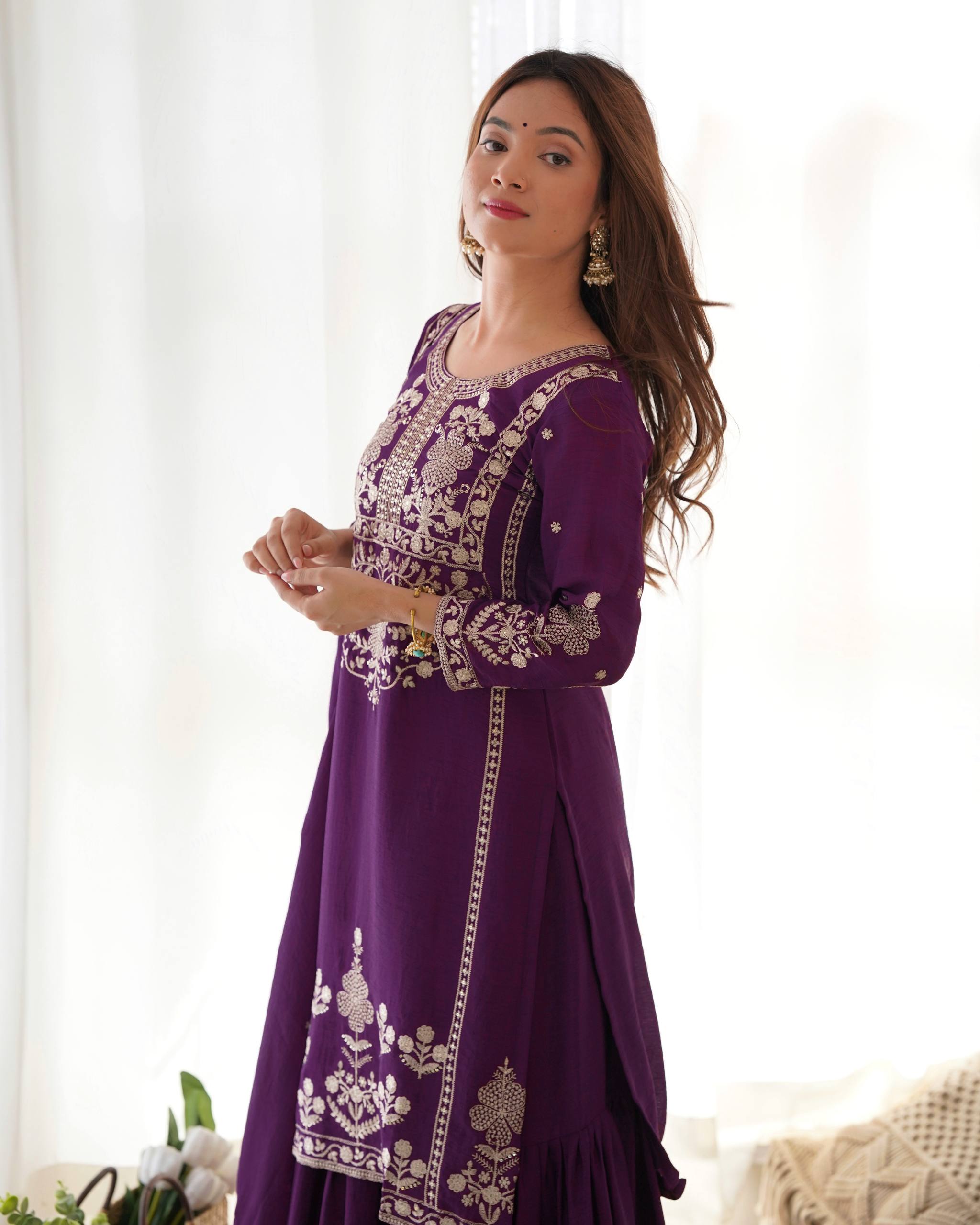 Roman Shimmer Chanderi Silk Kurta with Full Flare Lehenga & Organza Dupatta Set