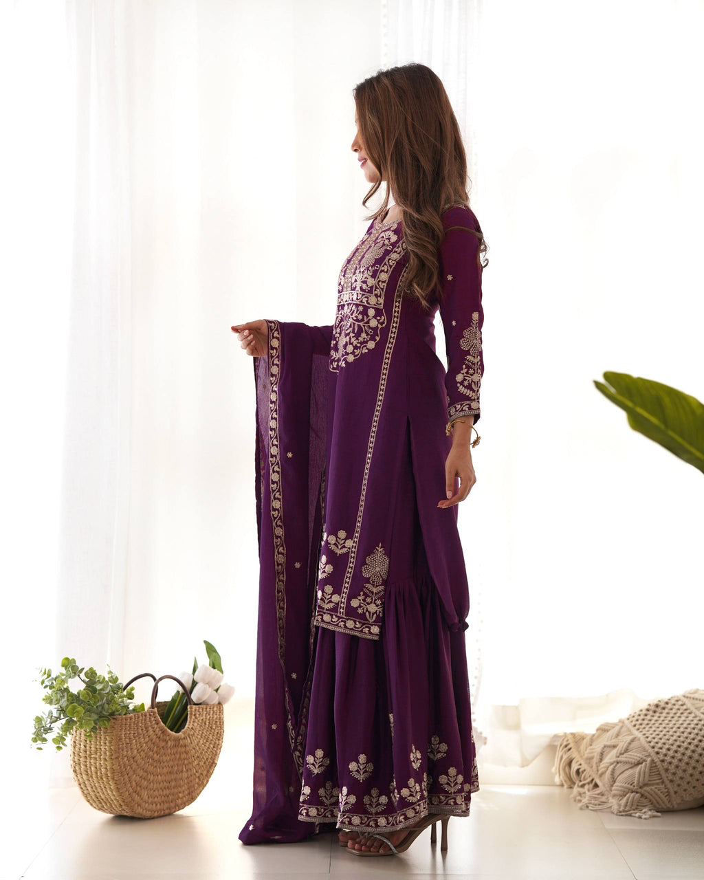 Roman Shimmer Chanderi Silk Kurta with Full Flare Lehenga & Organza Dupatta Set
