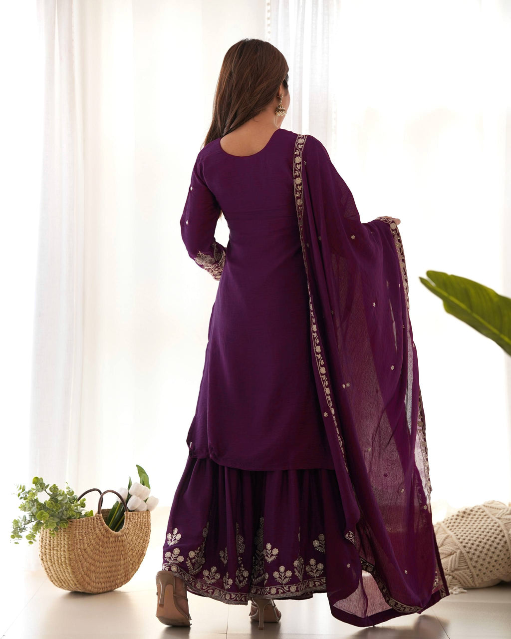 Roman Shimmer Chanderi Silk Kurta with Full Flare Lehenga & Organza Dupatta Set