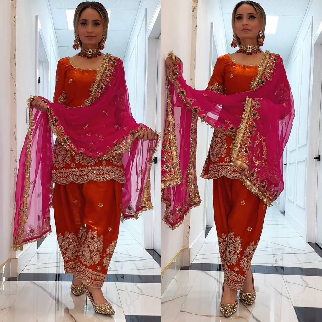 Designer Party Wear Embroidered Top with Farshi Salwar & Dupatta – Premium Festive Collection