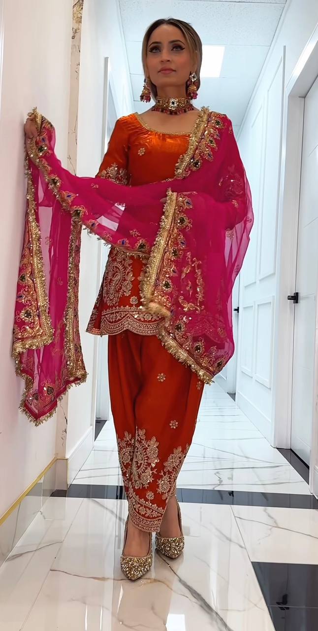 Designer Party Wear Embroidered Top with Farshi Salwar & Dupatta – Premium Festive Collection