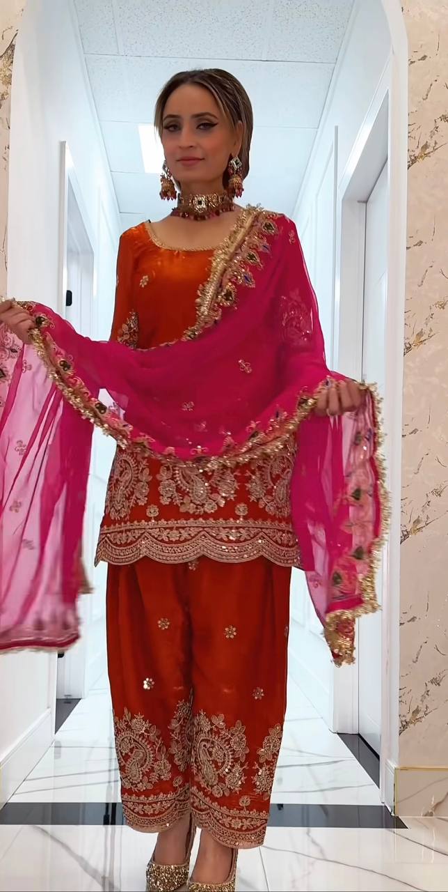 Designer Party Wear Embroidered Top with Farshi Salwar & Dupatta – Premium Festive Collection