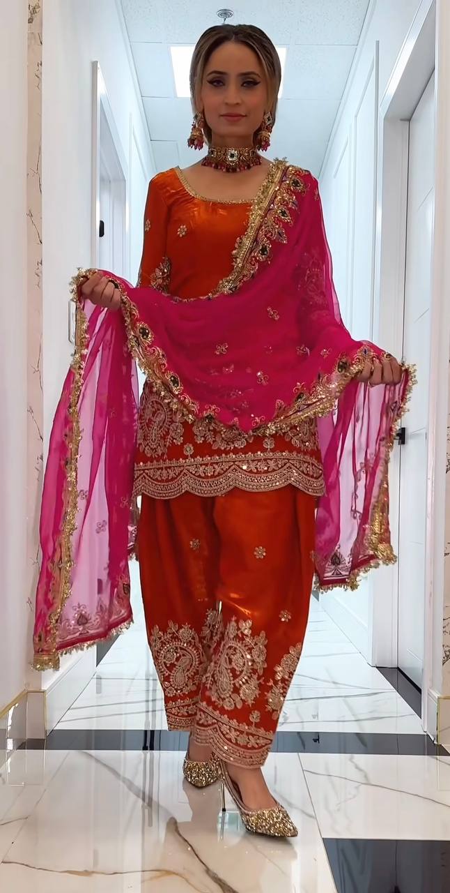 Designer Party Wear Embroidered Top with Farshi Salwar & Dupatta – Premium Festive Collection