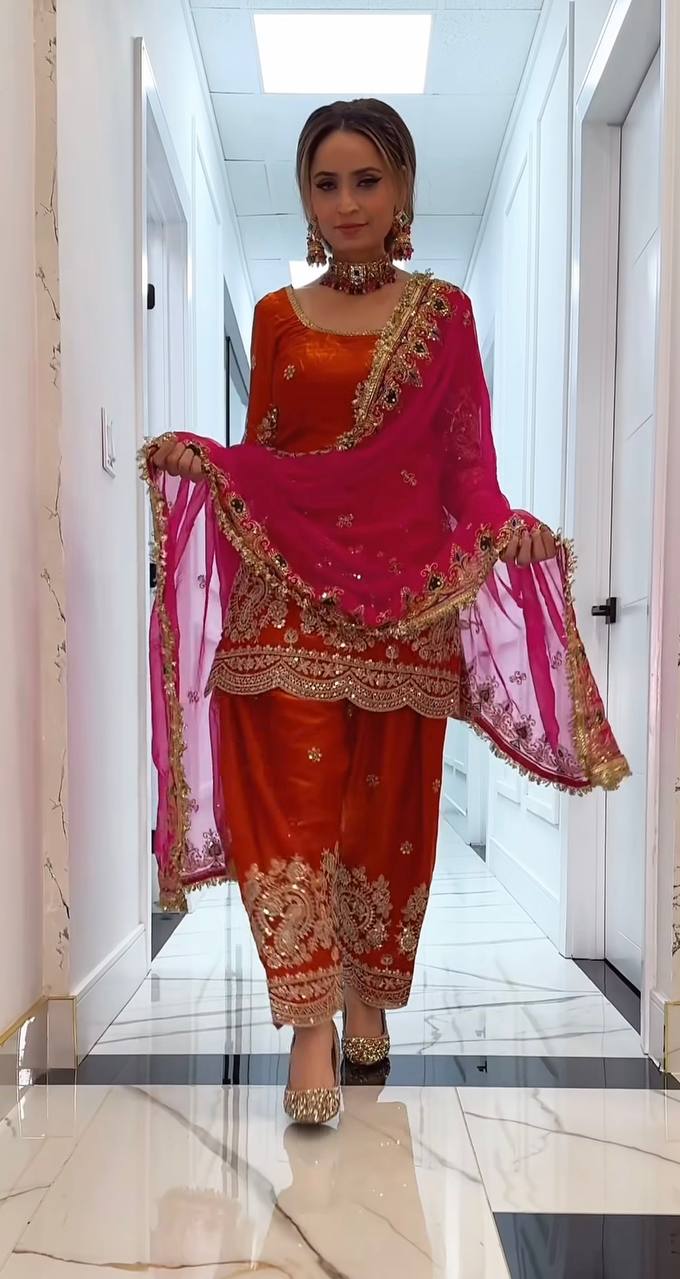 Designer Party Wear Embroidered Top with Farshi Salwar & Dupatta – Premium Festive Collection