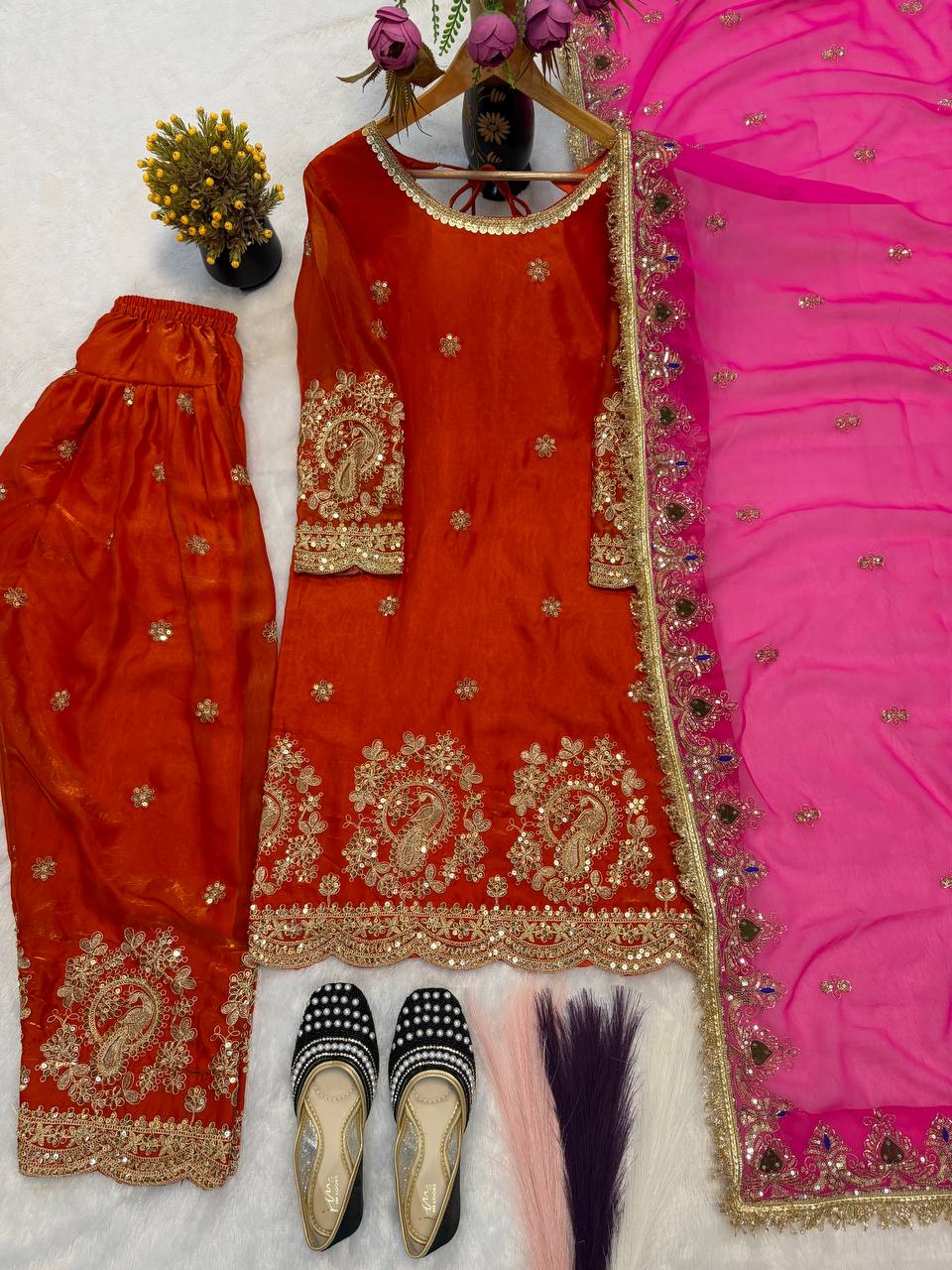 Designer Party Wear Embroidered Top with Farshi Salwar & Dupatta – Premium Festive Collection