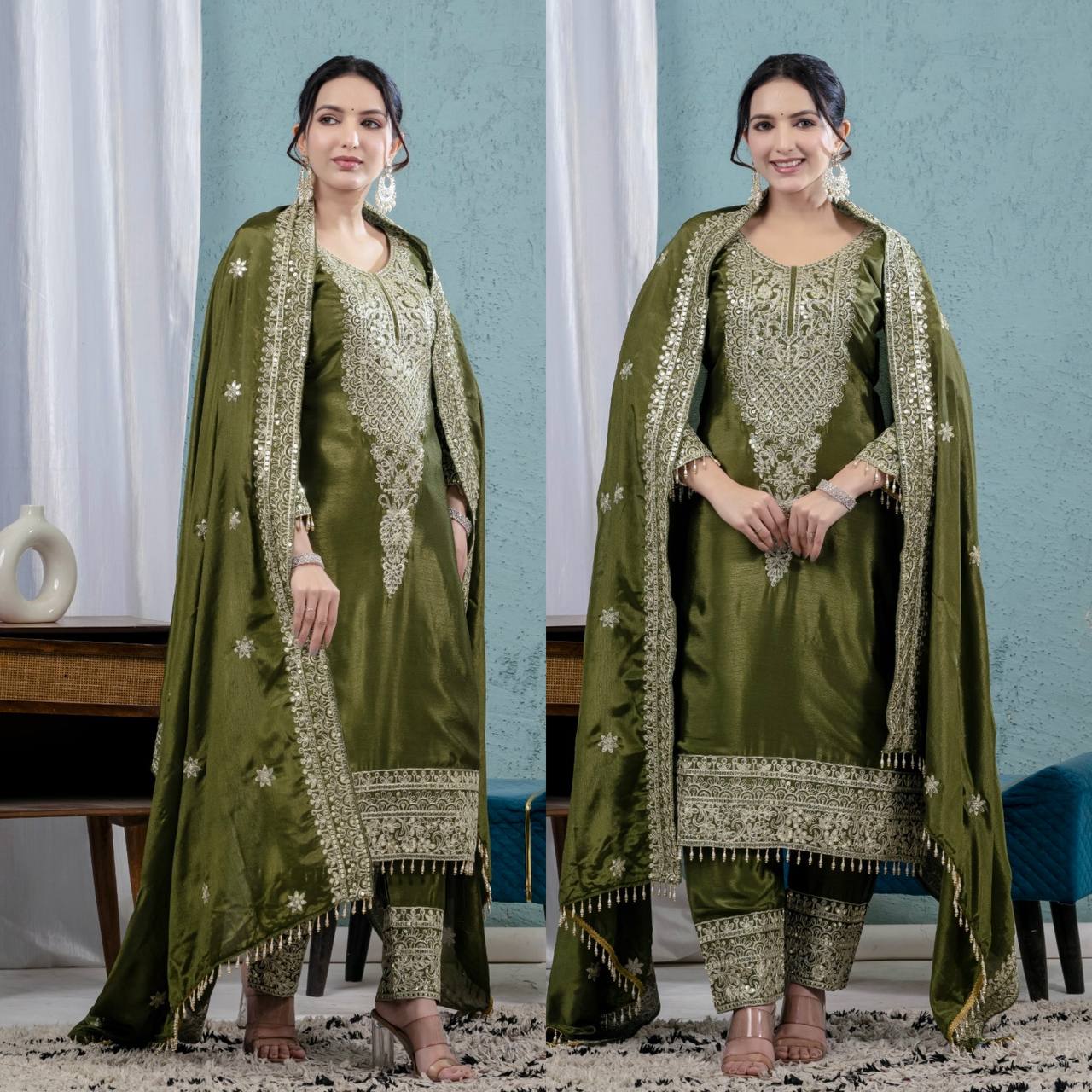 Premium Chinnon Silk Embroidered Salwar Suit Set with Dupatta – Olive Green Festive Wear