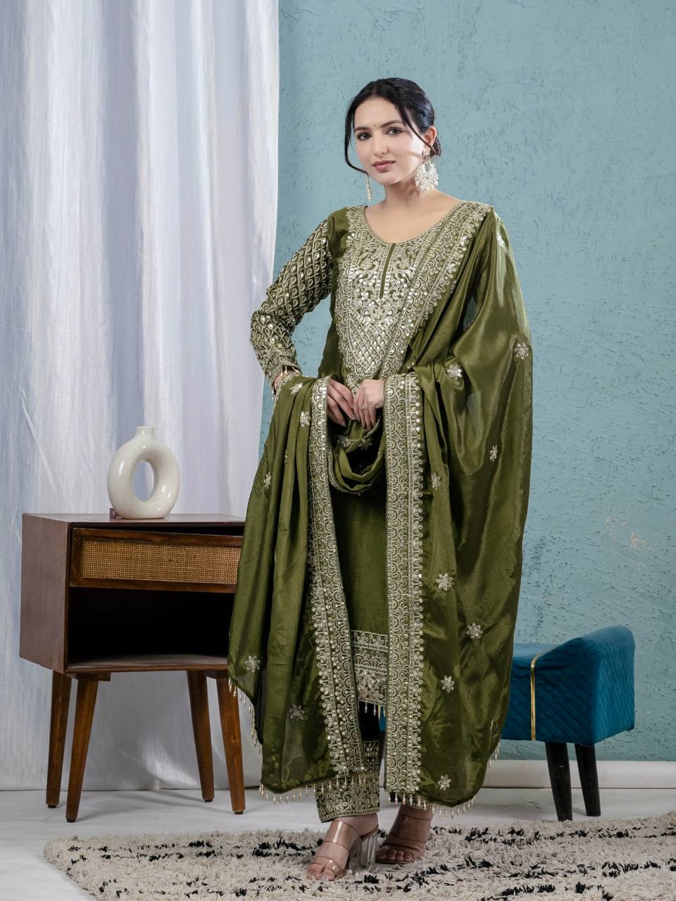 Premium Chinnon Silk Embroidered Salwar Suit Set with Dupatta – Olive Green Festive Wear