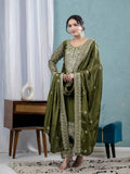 Premium Chinnon Silk Embroidered Salwar Suit Set with Dupatta – Olive Green Festive Wear