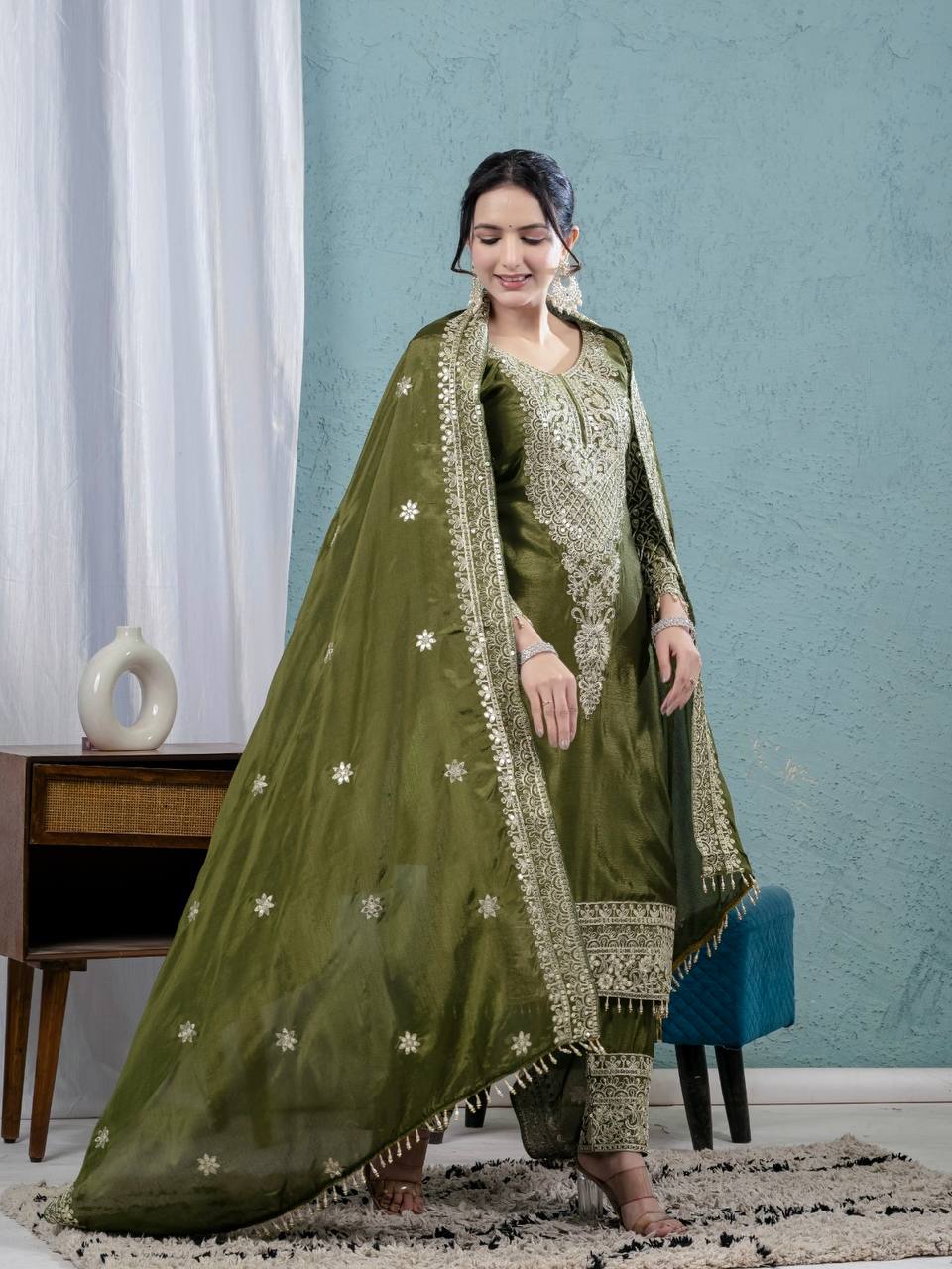 Premium Chinnon Silk Embroidered Salwar Suit Set with Dupatta – Olive Green Festive Wear
