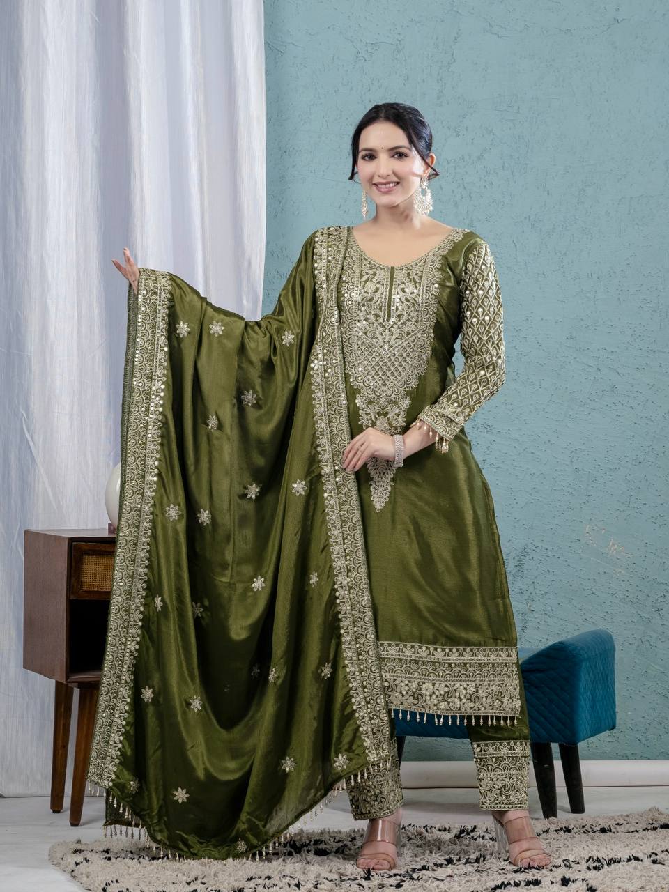 Premium Chinnon Silk Embroidered Salwar Suit Set with Dupatta – Olive Green Festive Wear