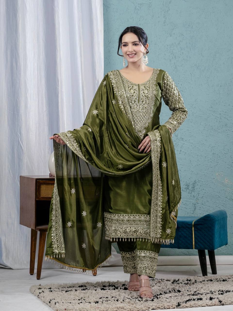 Premium Chinnon Silk Embroidered Salwar Suit Set with Dupatta – Olive Green Festive Wear