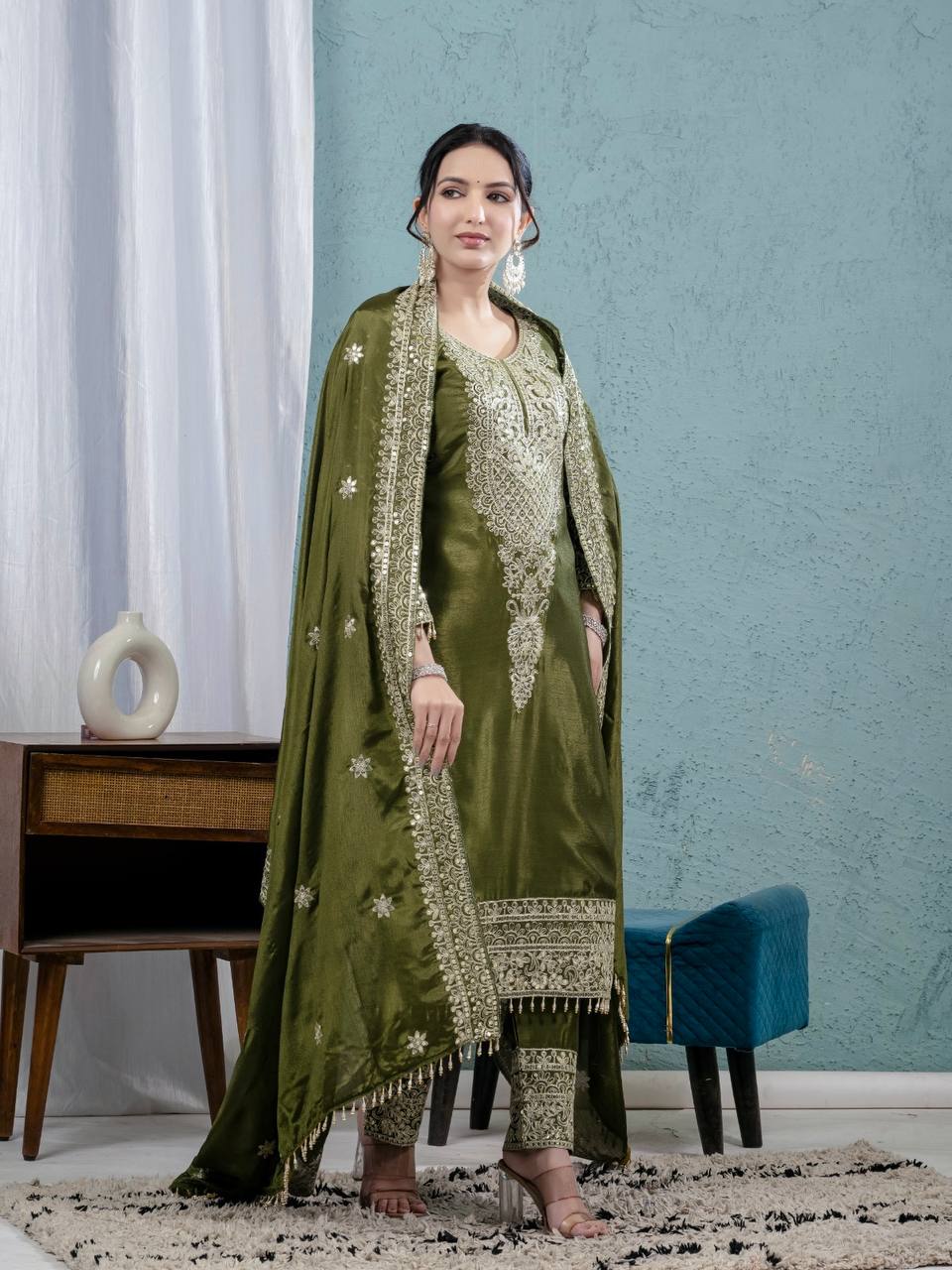 Premium Chinnon Silk Embroidered Salwar Suit Set with Dupatta – Olive Green Festive Wear