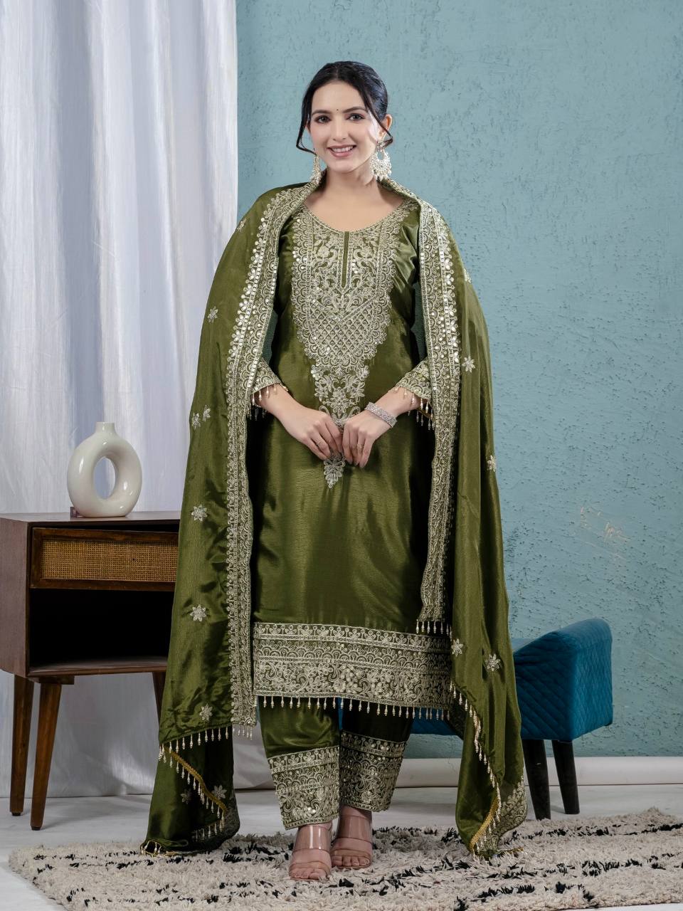 Premium Chinnon Silk Embroidered Salwar Suit Set with Dupatta – Olive Green Festive Wear