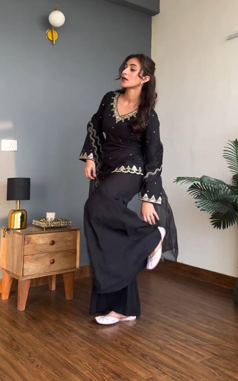 Elegant Women’s Crepe Silk Short Kurti with Sharara & Organza Dupatta – Festive Embroidered Set