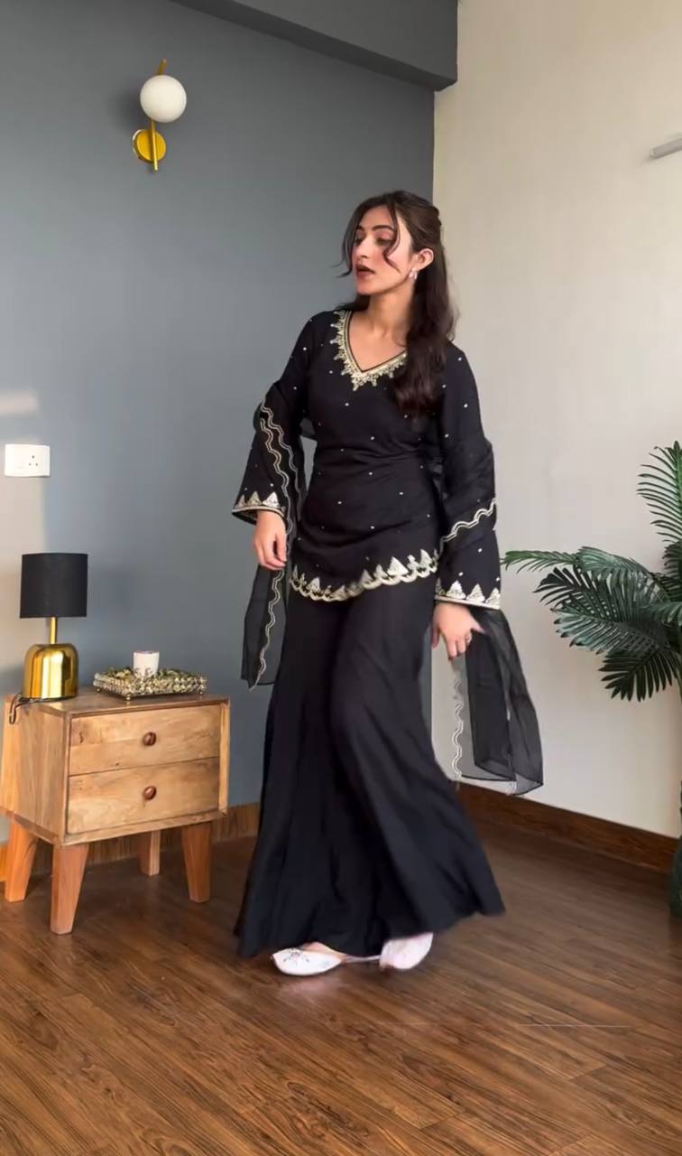 Elegant Women’s Crepe Silk Short Kurti with Sharara & Organza Dupatta – Festive Embroidered Set