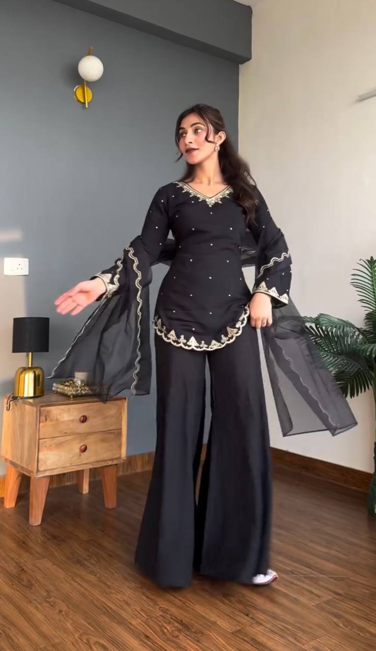 Elegant Women’s Crepe Silk Short Kurti with Sharara & Organza Dupatta – Festive Embroidered Set