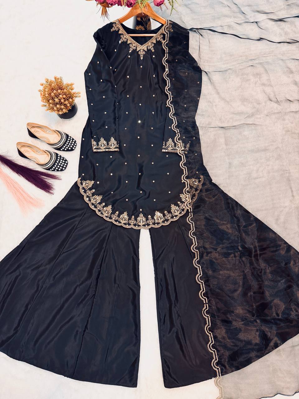 Elegant Women’s Crepe Silk Short Kurti with Sharara & Organza Dupatta – Festive Embroidered Set